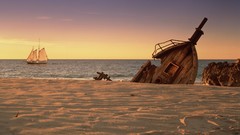 Sunset sand Sea ships Beaches schooner shipwrecks