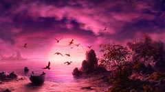 Sunset Sea Birds ships rocks digital art