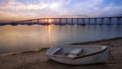 Sunset Sea Boats Bridges