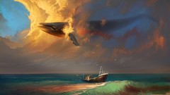 Sunset Sea clouds ships Whales flying waves skies artwork 