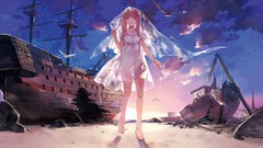 Sunset Sea dress seagulls anime girls original characters wrecks
