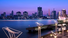 Sunset Sea lights Japan ships Tokyo architecture cityscapes 