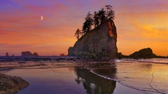 Sunset Sea moon panorama Washington Beaches reflections USA 