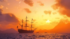 Sunset Sea Mountains ships digital art sail ship
