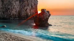 Sunset Sea nature water coast Greece cliffs rocks Beaches waves 