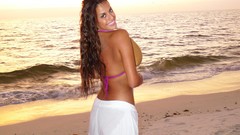 Sunset Sea ocean woman Beaches brunettes models boobs huge 