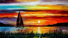 Sunset Sea Sailboats paintings Leonid Afremov artwork