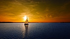 Sunset Sea water Boats Sailboats sail vehicles