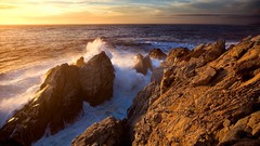 Sunset Sea water point California rocks waves