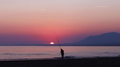 Sunset Sea water sun blue red purple fishing silhouettes Beaches