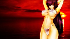 Sunset Sea water sun clouds red navel long hair anime girls 