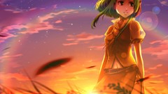 Sunset skirts green eyes vocaloid green hair hair ornaments 