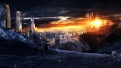 Sunset snow Animals sun deer buildings digital art artistic 