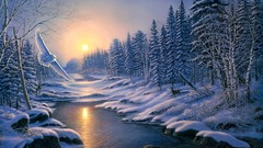Sunset snow winter water Birds streams drawings