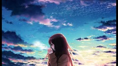 Sunset Stars clouds buildings skirts scarfs long hair anime 