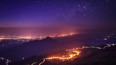 Sunset Stars Mountains dawn roads cities night sky