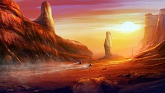 Sunset sun canyon rocks vehicles science fiction skies digital 