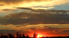 Sunset sun clouds red cities skies My Little Pony: Friendship 