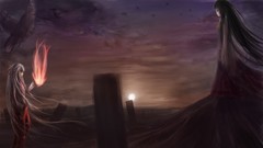 Sunset sun fire clouds Birds tie columns white hair red eyes 