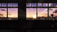 Sunset sun room clouds dark running schoolgirls sunlight anime 