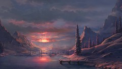 Sunset Trees snow winter Mountains ice evening artwork