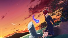 Sunset Trees Stars Birds dress red eyes sitting pavement 