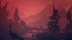 Sunset Volcanoes mist rivers science fiction artwork futuristic