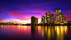 Sunset water clouds dusk cities rivers skies towns