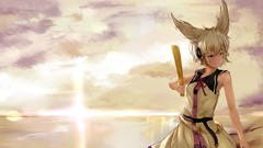 Sunset water clouds headphones dress belts blondes anime girls 