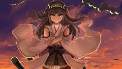 Sunset water clouds sky Aircraft weapons Guns long hair anime 