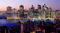 Sunset water evening buildings new york city nightlights