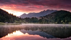 Sunset water Mountains clouds lakes skies forests