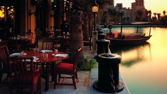 Sunset water ships dock cityscapes