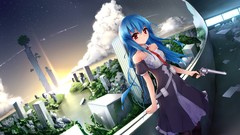 Sunset water Stars clouds sky ruins dress red eyes little blue 