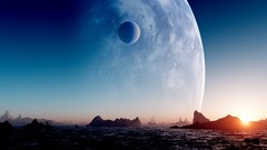 Sunset water sun blue moon rocks lakes planets science fiction 