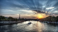 Sunset water sun clouds Eiffel Tower Paris cityscapes skyscapes