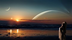 Sunset water woman Beaches planets