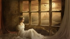 Sunset woman Birds white dress fantasy art