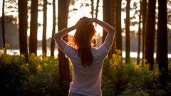 Sunset woman brunettes forests arms raised