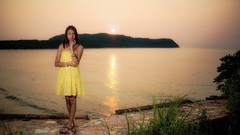 Sunset woman dress brunettes models yellow dress