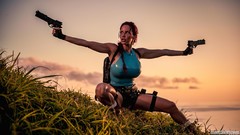 Sunset woman Guns lara croft models girls with guns huge boobs 
