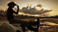 Sunset woman Horses barn Wyoming rivers forests cowgirls