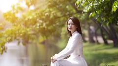 Sunset woman lakes asians Viet Nam