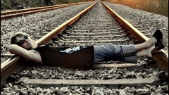 Sunset woman relaxing railroads