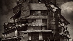 Surrealism sepia architecture houses digital art old people 