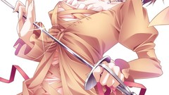 Swords anime girls brunettes purple eyes cleavage crowns