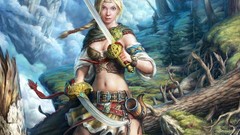 Swords cleavage fantasy art female warriors