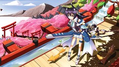 Swords heterochromia cherry blossoms animal ears tails foxes 