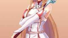 Swords shoulders long hair anime girls brown eyes brunettes 