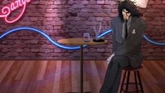 Tables drinks suit sunglasses cigars bleach wooden floor Neon 